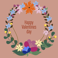 Happy Valentine's Day greeting card. Wildflower wreath. Suitable for social media posts, mobile apps, banners design and web/internet ads. Vector fashion backgrounds.