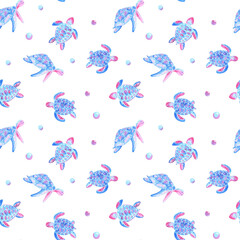 Watercolor seamless turtle pattern. Sea eco concept in blue pink colors. Textile drawing, fashion, canvas print. - 485091480