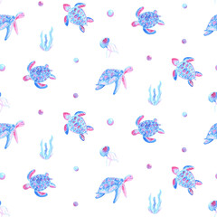 Watercolor seamless turtle pattern. Sea eco concept in blue pink colors. Textile drawing, fashion, canvas print. - 485091484