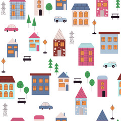 Cute hand drawn city seamless pattern. Cartoon houses, cars, trees, bench and lantern. Children print in Scandinavian style on white. Vector illustration of a house.