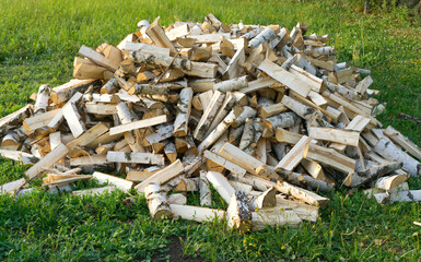 The beaten birch logs lie on the green grass and are ready for the winter heating season