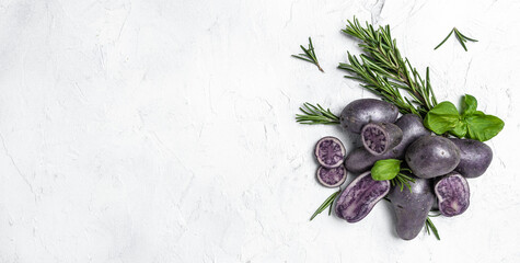 Raw sweet potatoes or batatas isolated on white background. Batata potato. vegan food ingredient. Ipomoea batatas. Batata potato. Long banner format. top view