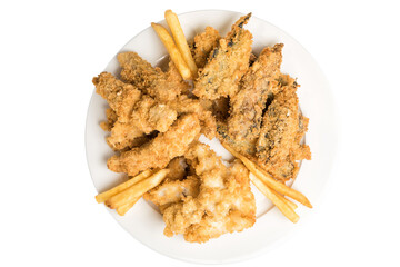 Fried fish and chips isolated on white background