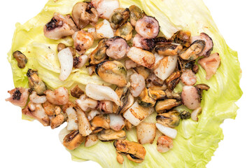 Seafood and mussels isolated on white background