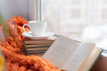 A stack of books and a mug of coffee on an orange knitted sweater scarf plaid on the windowsill