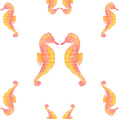 Watercolor under sea, seamless pattern. Colorful watercolor seahorses. Textile print. © Oceanoart