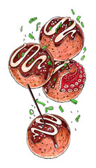 Watercolor illustration of a traditional Japanese snack Takoyaki