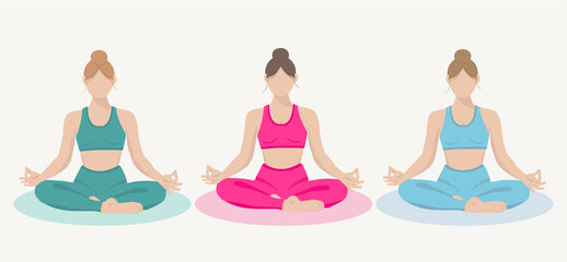 Faceless girls doing yoga / set of 3 girls / yoga in the lotus position / meditation