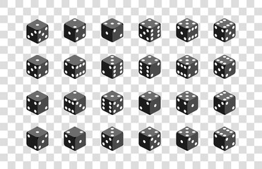 Dice combination set. Dice in black  color on transparent background. Dice for gambling. Vector EPS 10.