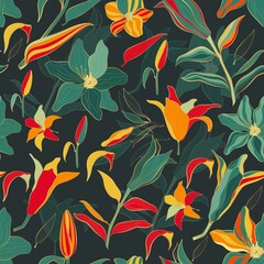 Seamless vector pattern with plants and flowers in retro style.Golden lily flowers. 