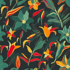 Seamless vector pattern with plants and flowers in retro style.Golden lily flowers.	