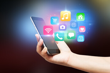 Mobile application concept.Man using touch screen smart phone