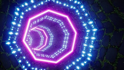 Glowing Octagon Neon Light in the Grass Brick Pattern Tunnel 3D Rendering