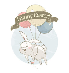 Happy Easter congratulation concept with cute little white bunny character flying on balloons isolated. Vector sketch hand drawn illustration. For spring cards, banners, stickers, prints.