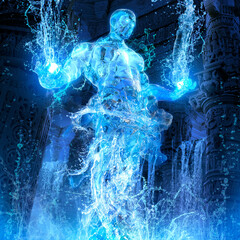 The water elemental rises majestically above the water in an ancient temple with waterfalls forming luminous streams of water upwards, it has a perfect golden body and glowing eyes. 3d rendering - obrazy, fototapety, plakaty