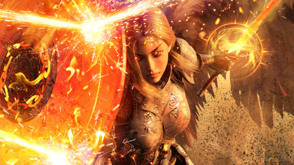Fototapeta premium A beautiful angel girl with a perfect appearance reflects magical arrows with a magical red-hot shield, she sits onknee crushing the earth into dust from tension with a fiery sword ready. 3d rendering