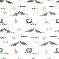 Crocodiles in the water. Cute baby pattern. Vector illustration