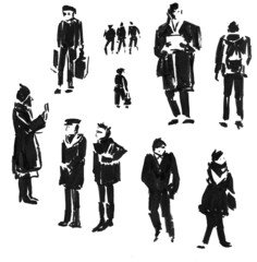 Silhouettes of walking people. Ink illustration isolated on white background - 485101819