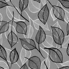 Floral seamless pattern with hand drawn botanical elements. Transparent black and white leaves on a grey background. For textile and wallpaper design.