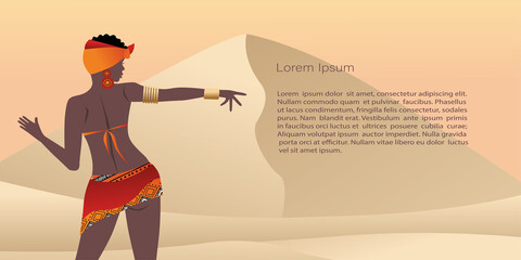 Vector, abstract posters with African woman in turban, dancer in minimalistic style. Ceramic vase and jugs, plants, abstract shapes and landscape.  Vector Template with copy space 