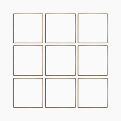 Frame mockup 1:1 square. Set of nine thin dark walnut wood frames. Clean, modern, minimalist, bright gallery wall mockup, set of 9 square frames.