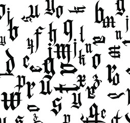 Gothic font, composition. Vector. Medieval Latin letters. Random letters in random order. Black letters isolated on white background. Design for fabric and packaging.