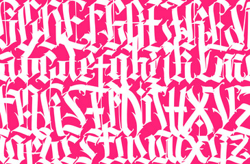Fototapeta na wymiar Pattern, ornament in the Gothic style. Vector. Alphabet. White letters on a pink background. Calligraphy and lettering. Medieval Latin letters. Graphic elements. Design for fabric and packaging.