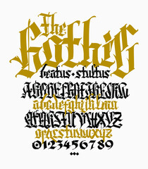 Gothic, English alphabet. Vector. Medieval Latin letters and numbers. Signs and symbols for tattoos. Ancient European style. Calligraphy and lettering. Separate uppercase and lowercase letters.
