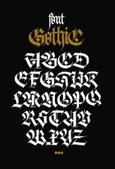 Gothic. Vector. Uppercase and lowercase white letters on a black background. Beautiful and stylish calligraphy. Elegant European typeface for tattoo and design. Medieval Germanic modern style.