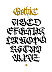 Gothic. Vector. Capital letters on a white background. Stylish calligraphy. Elegant european font for design. Medieval modern style. Font for fabric, packaging and streetwear.