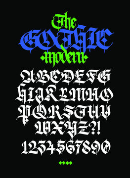 Modern Gothic, full English alphabet. Vector. Medieval latin capital letters. Signs and symbols for design. Ancient European style. Calligraphy and lettering. Gothic figures.
