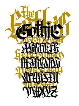 Modern Gothic, full English alphabet. Vector. Medieval latin capital letters. Two different styles. Signs and symbols for tattoos. Ancient European style. Calligraphy and lettering.