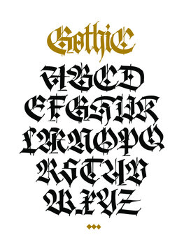 Gothic. Vector. Capital letters on a white background. Stylish calligraphy. Elegant european font for design. Medieval modern style. Font for fabric, packaging and streetwear.