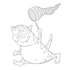The cat is running with a net isolated on white background. Vector illustration