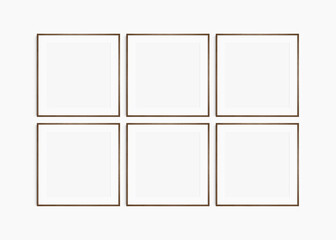 Frame mockup 1:1 square. Set of six thin dark walnut wood frames. Clean, modern, minimalist, bright gallery wall mockup, set of 6 square frames with a mat opening.