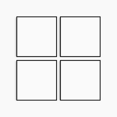 Frame mockup 1:1 square. Set of four thin black square frames. Clean, modern, minimalist, bright gallery wall mockup, set of 4 frames.