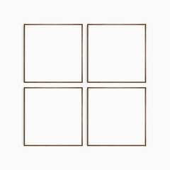 Frame mockup 1:1 square. Set of four thin dark walnut wood frames. Clean, modern, minimalist, bright gallery wall mockup, set of 4 square frames.