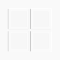 Frame mockup 1:1 square. Set of four thin white square frames. Clean, modern, minimalist, bright gallery wall mockup, set of 4 frames with a mat opening.