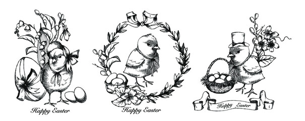 Vector Hand drawn Vintage Ester set. Retro Easter illustrations. Chickens and eggs. Royal vintage wreaths and vignettes.  Line art style Ester collection.  Doodle Easter images. Outline Easter