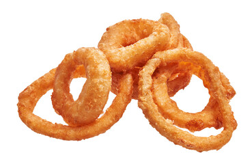  Bunch of fried onion rings over white isolated background