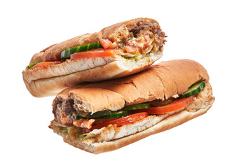 Two meat sandwiches over white isolated background