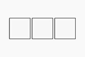 Frame mockup 1:1 square. Set of three thin black square frames. Clean, modern, minimalist, bright gallery wall mockup, set of 3 frames with a mat opening.