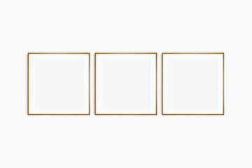 Frame mockup 1:1 square. Set of three thin cherry wood frames. Clean, modern, minimalist, bright gallery wall mockup, set of 3 square frames with a mat opening.