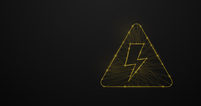Yellow triangle high voltage sign. Wireframe line, and triangle design. 3d model. Vector illustration