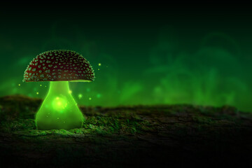 Magical luminous glowing mushroom in a mystical forest