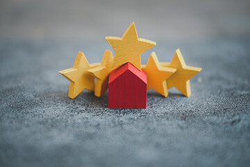 Wood red home with yellow star rating feedback and press level excellent five rank for giving best...