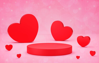 Empty red cylindrical podium with hearts love 3d icon on pink background for Valentines day product...