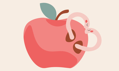 Organic red apple with two worms in a heart love shape - St. valentine's day postcard