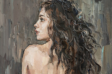 Fragment of  nude attractive young woman, created in details and color nuances.  Oil painting on canvas.