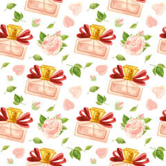 Seamless pattern with perfume and pink roses. Watercolor fashion clipart.